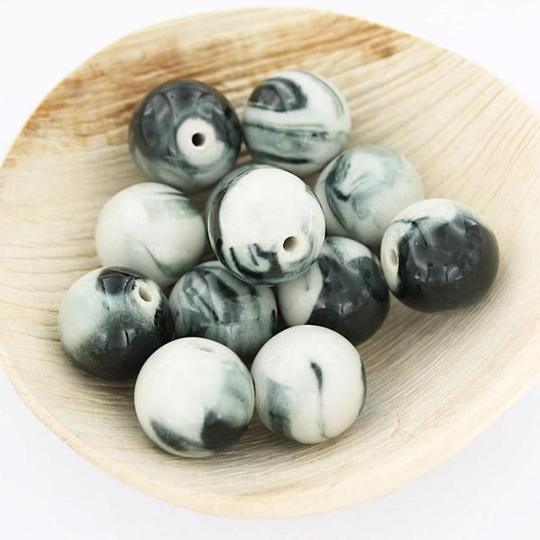 Round Porcelain Beads 19mm - Black & White Marbled - 5 Beads - BD465