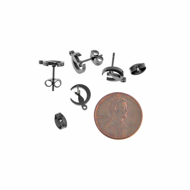 Gunmetal Black Stainless Steel Earrings - Crescent Moon Cat Studs - 11mm x 8mm - 2 Pieces 1 Pair - ER469