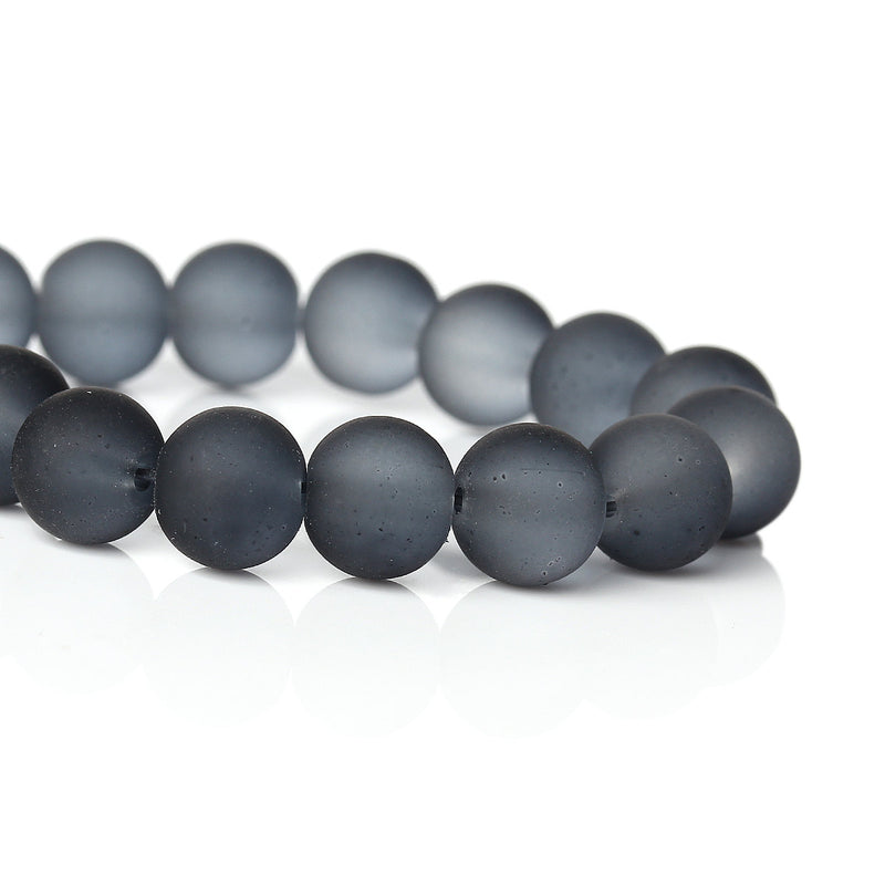 Round Glass Beads 11mm - Frosted Black - 1 Strand 85 Beads - BD674