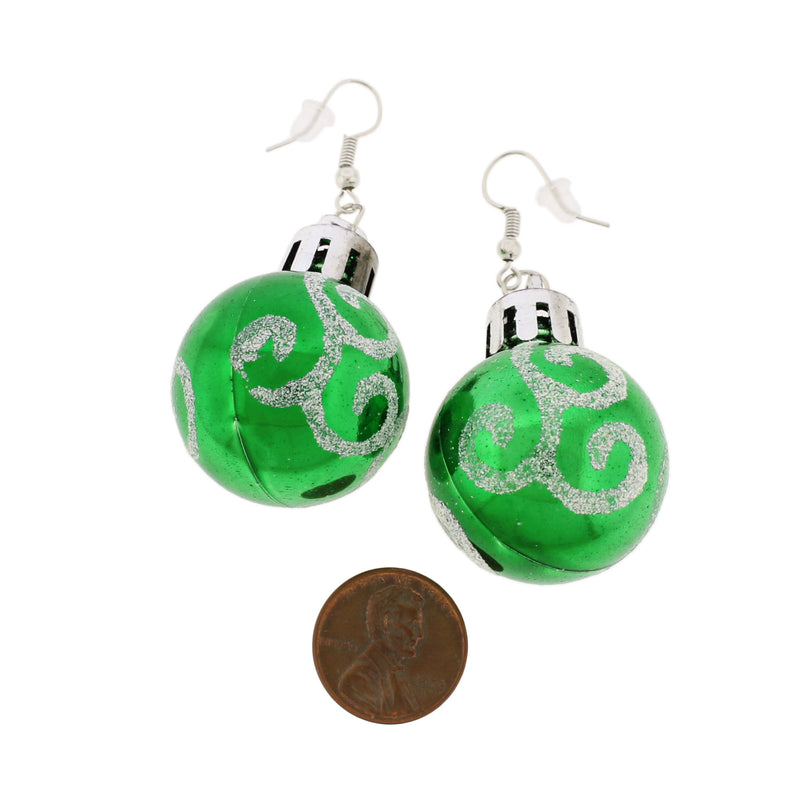 Silver Tone French Earrings - Green Christmas Bulbs - 60mm x 30mm - 2 Pieces 1 Pair - ER517