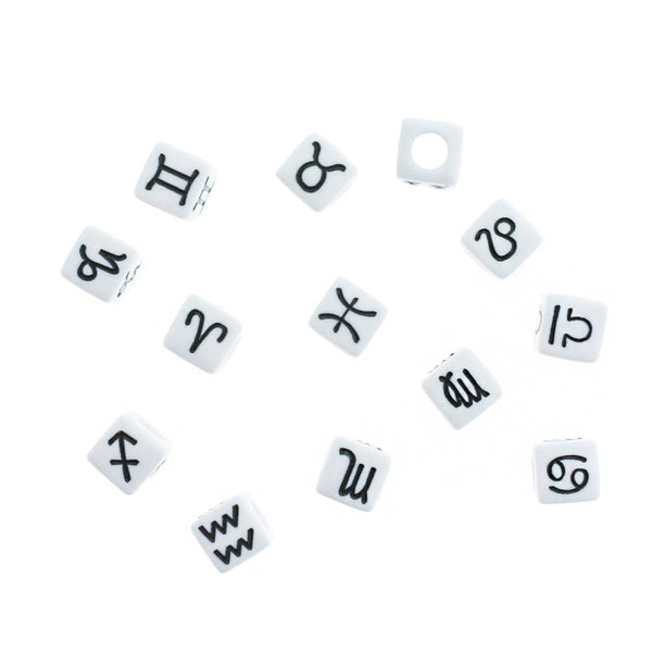 Cube Acrylic Beads 7mm - Black and White Zodiac Sign - 50 Beads - BD386