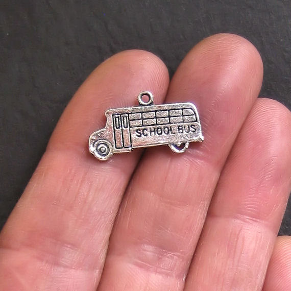 8 School Bus Antique Silver Tone Charms 2 Sided - SC430