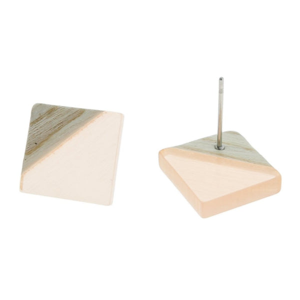 Wood Stainless Steel Earrings - Champagne Pink Resin Rhombus Studs - 18mm x 17mm - 2 Pieces 1 Pair - ER160