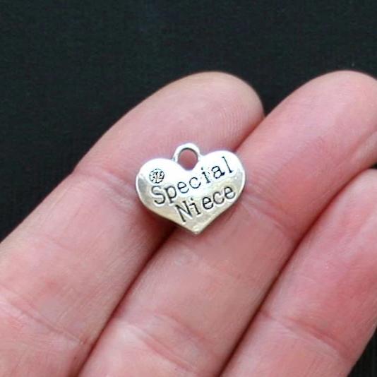 4 Special Niece Heart Antique Silver Tone Charms 2 Sided With Inset Rhinestones - SC2314