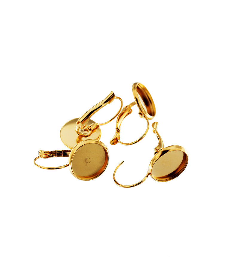Gold Stainless Steel Cabochon Earrings - Lever Back - 12mm Tray - 2 Pieces 1 Pair - FD788