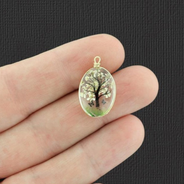 2 White Tree of Life Pressed Flower Glass Pendants - Z1446