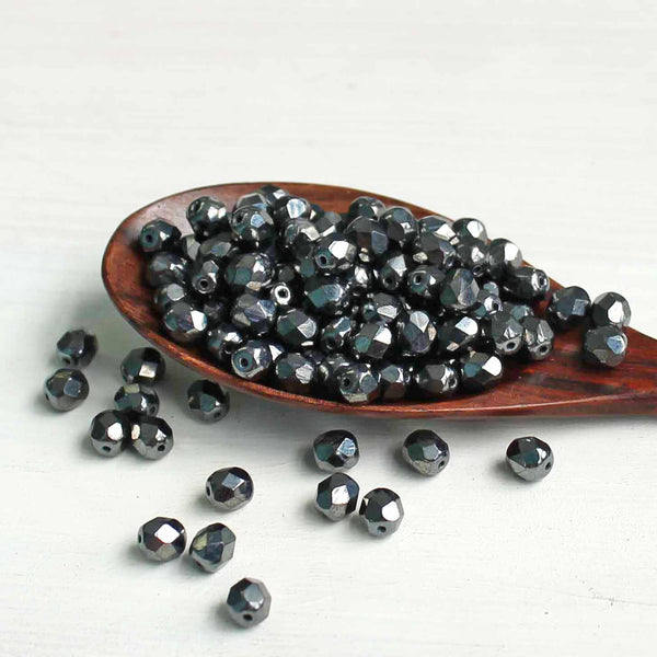 Faceted Czech Glass Beads 6mm - Fire Polished Black - 25 Beads - CB160