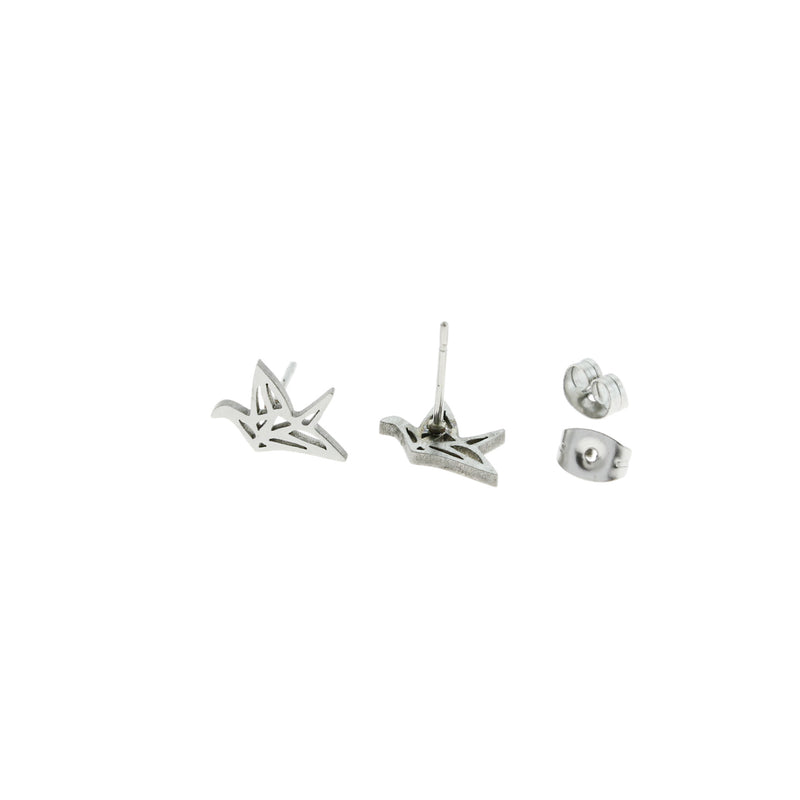 Stainless Steel Earrings - Origami Crane Studs - 12mm x 8mm - 2 Pieces 1 Pair - ER015