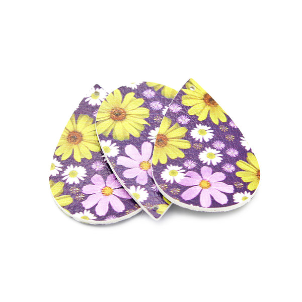 Imitation Leather Teardrop Pendants - Purple Floral - 4 Pieces - LP046