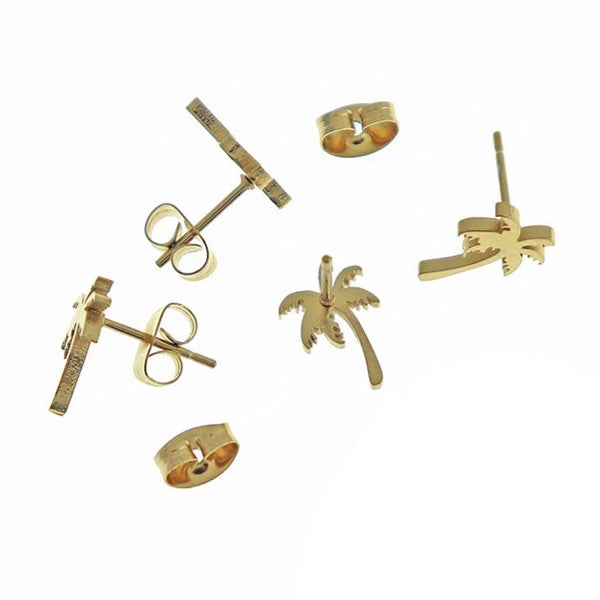 Gold Stainless Steel Earrings - Palm Tree Studs - 11mm x 8mm - 2 Pieces 1 Pair - ER425