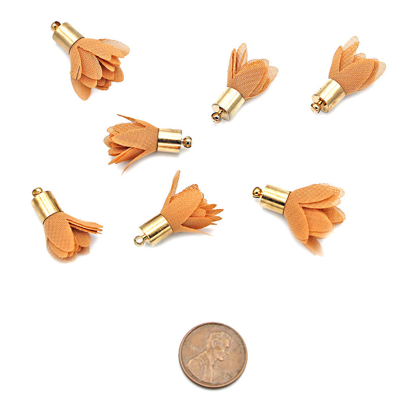 Chiffon Flower Blossom Tassel 29mm - Honey Brown and Gold Tone - 6 Pieces - TSP176