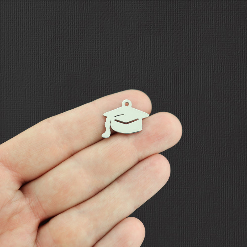 BULK 5 Graduation Cap Silver Tone Stainless Steel Charms 2 Sided - SSP230