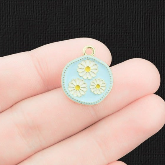 2 Daisy Gold Tone Enamel Charms - E1376