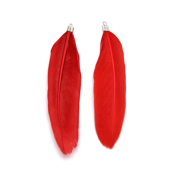 Feather Pendants - Silver Tone and Ruby Red - 12 Pieces - Z1478