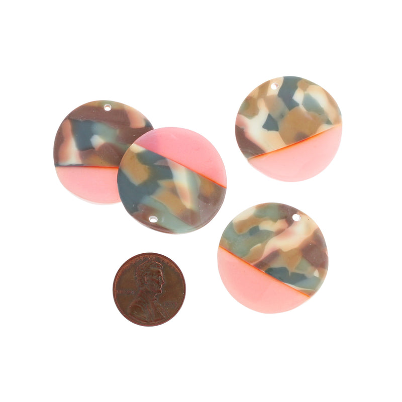 Multicolored Pink Hammered Round Resin Charm 2 Sided - K215