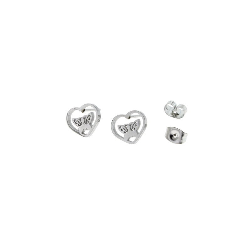 Stainless Steel Earrings - Butterfly Heart Studs - 10mm x 8mm - 2 Pieces 1 Pair - ER043