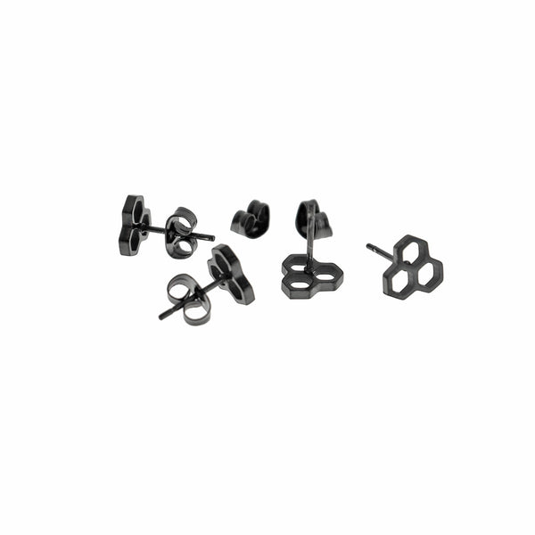 Black Tone Stainless Steel Earrings - Honeycomb Studs - 8mm - 2 Pieces 1 Pair - ER901