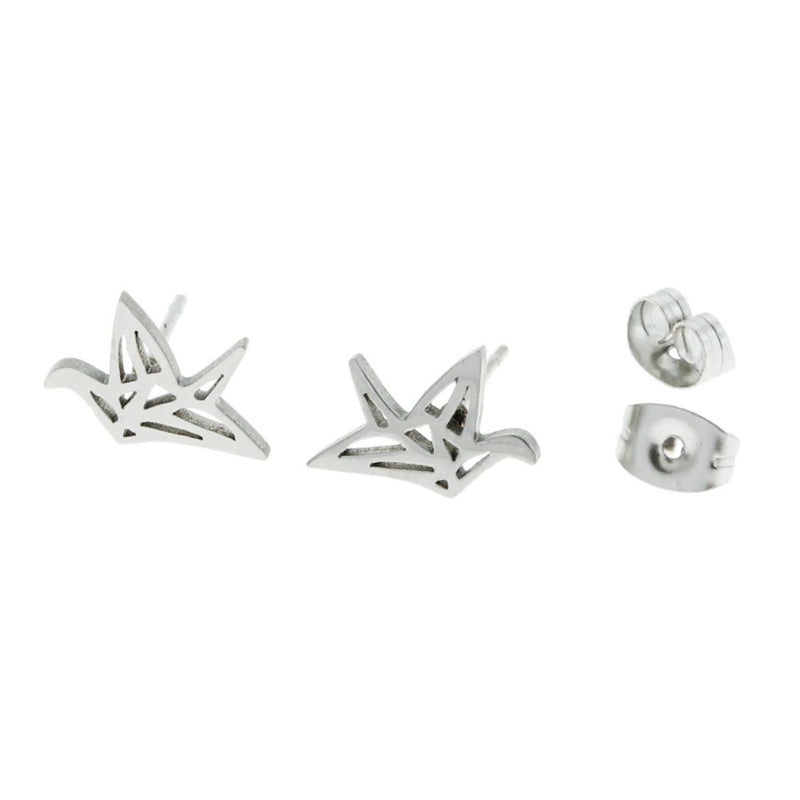 Stainless Steel Earrings - Origami Crane Studs - 12mm x 8mm - 2 Pieces 1 Pair - ER015