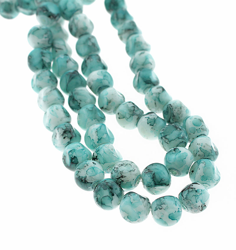 Faceted Glass Beads 10mm - Peacock Green Marble - 1 Strand 86 Beads - BD463