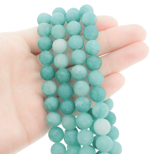 Perles rondes en jade naturel 10 mm - Turquoise pâle givrée - 1 rang 38 perles - BD246