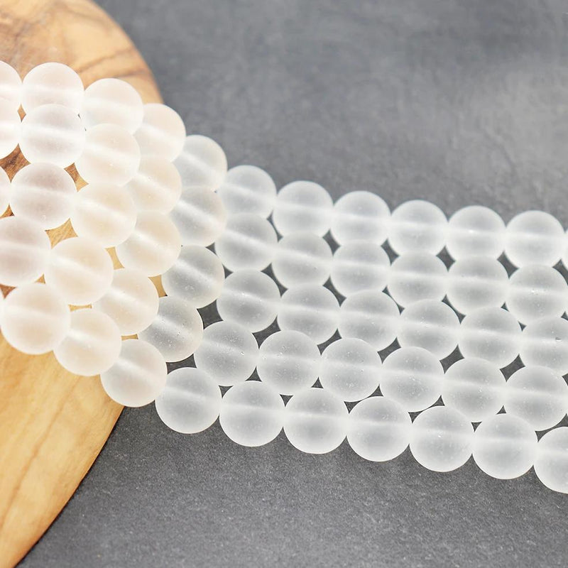 Round Cultured Sea Glass Beads 10mm - Frosted Moonstone - 1 Strand 21 Beads - U144