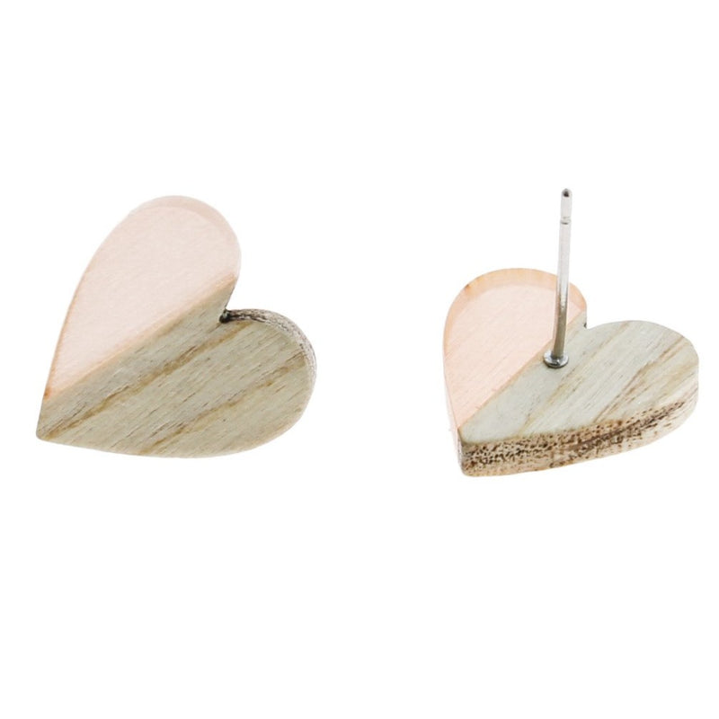 Wood Stainless Steel Earrings - Champagne Resin Heart Studs - 15mm x 14mm - 2 Pieces 1 Pair - ER130