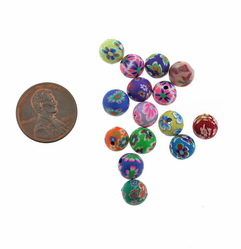 Perles rondes en pâte polymère 8 mm - Fleurs printanières assorties - 50 perles - BD1362