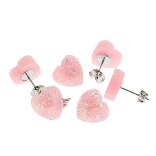 Resin Stainless Steel Earrings - Pink Heart Studs - 12mm - 2 Pieces 1 Pair - ER361