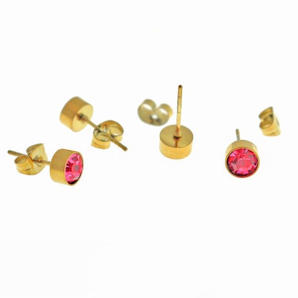 Gold Stainless Steel Birthstone Earrings - July - Ruby Cubic Zirconia Studs - 15mm x 7mm - 2 Pieces 1 Pair - ER551