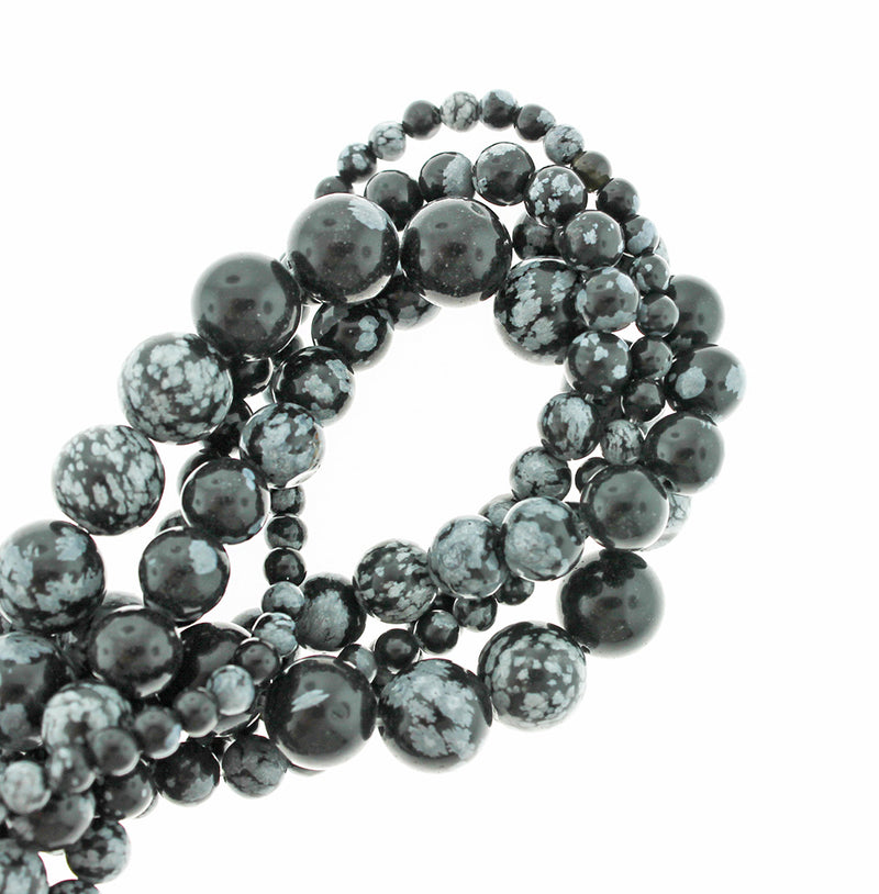 Perles d'obsidienne flocon de neige naturelles rondes 4mm - 10mm - Choisissez votre taille - Marbre noir et blanc - 1 brin complet de 15" - BD1855