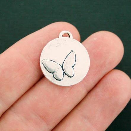 6 Butterfly Antique Silver Tone Charms 2 Sided - SC3716