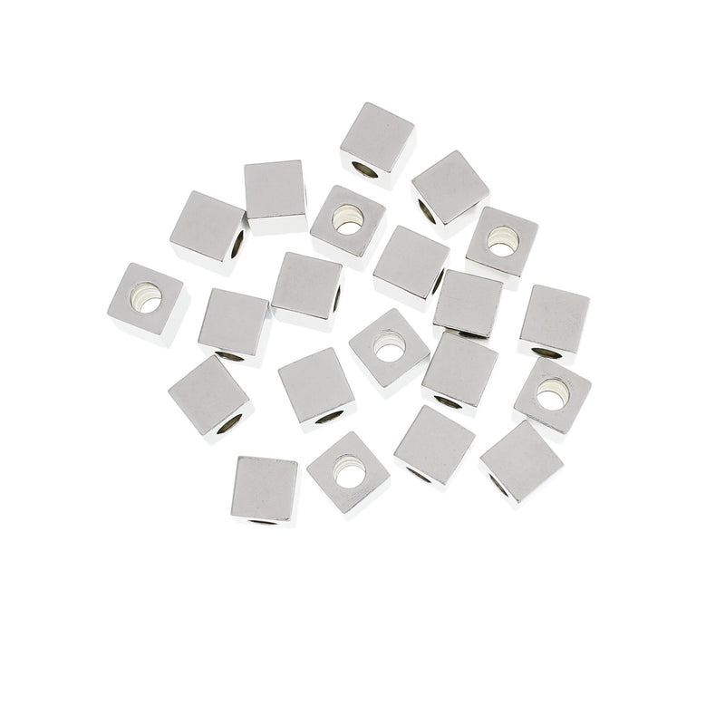 Stainless Steel Cube Spacer Beads 8mm x 8mm - Silver Tone - 5 Beads - MT290