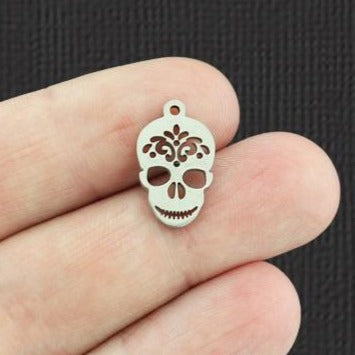 2 Floral Skull Silver Tone Stainless Steel Charms 2 Sided - SSP110