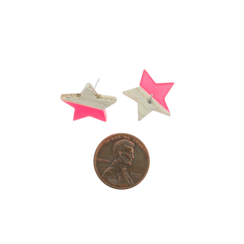 Wood Stainless Steel Earrings - Pink Resin Star Studs - 18mm x 17mm - 2 Pieces 1 Pair - ER142