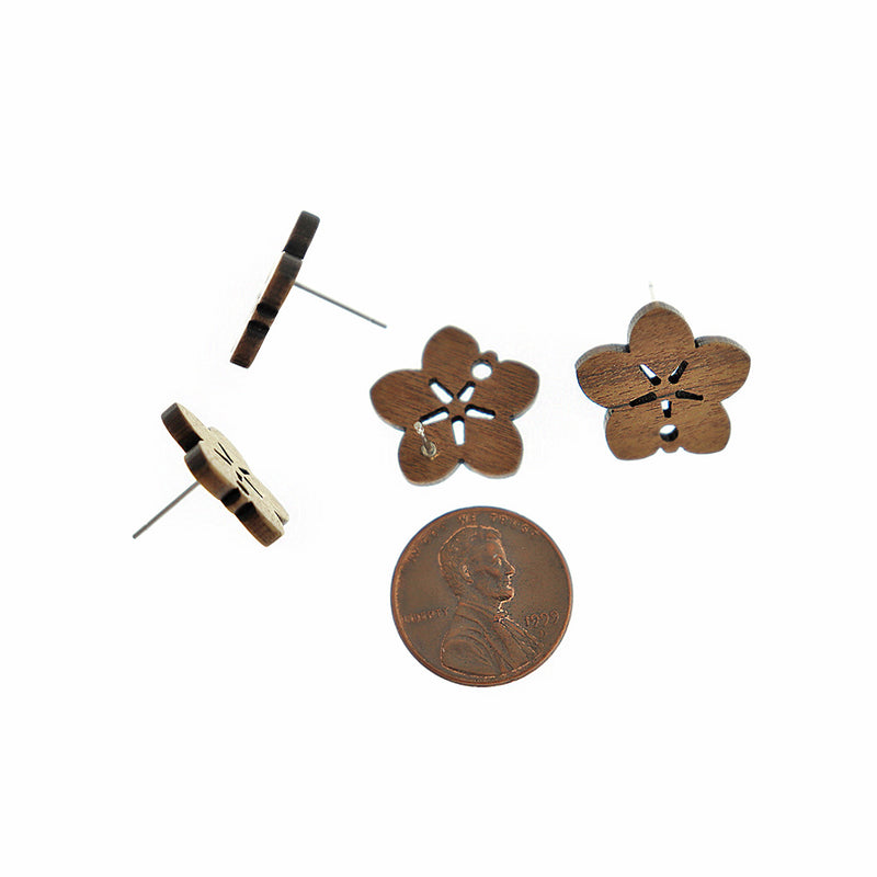 Wood Stainless Steel Earrings - Flower Studs - 18mm x 17mm - 2 Pieces 1 Pair - ER772