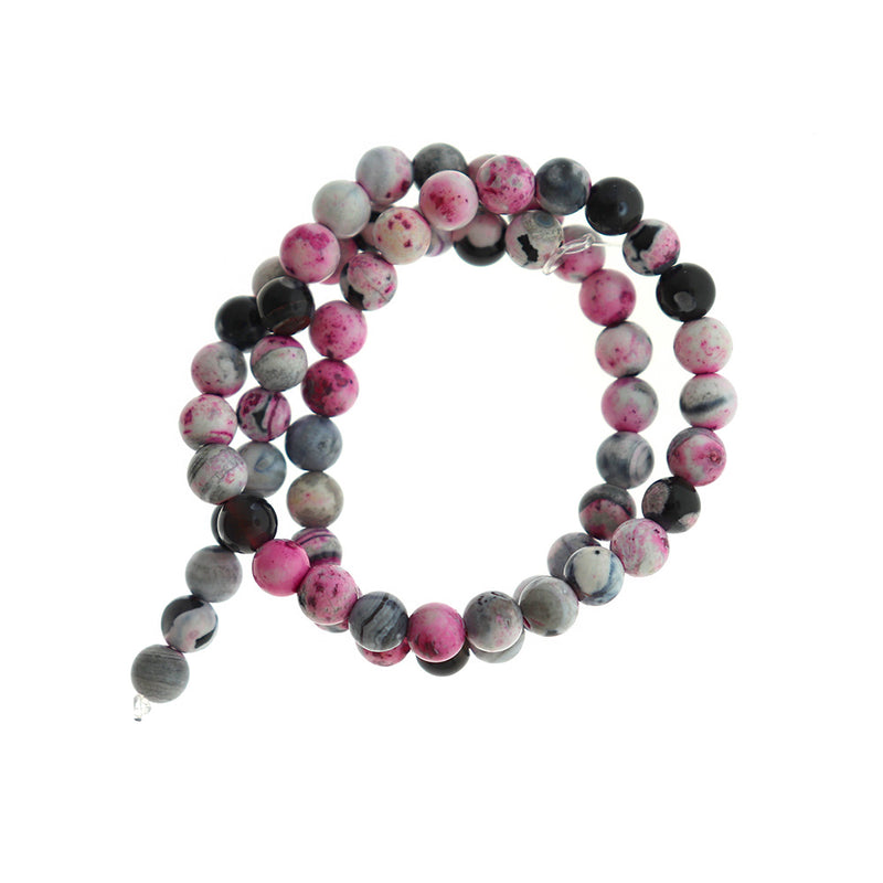 Perles rondes en agate naturelle 6 mm - Marbre rose et noir - 1 rang 60 perles - BD1605