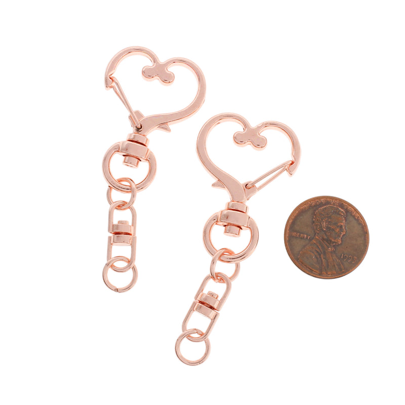 Heart Rose Gold Tone Lobster Clasps with Swivel Connectors - 57mm x 24mm - 2 Pieces - Z816