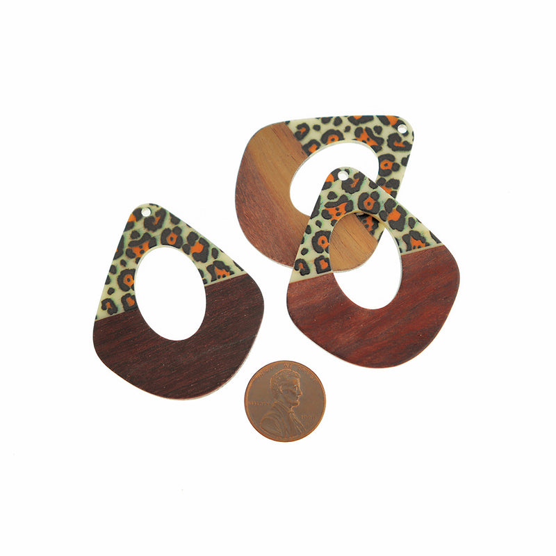 Teardrop Natural Wood and Leopard Print Resin Charm 48mm - WP224