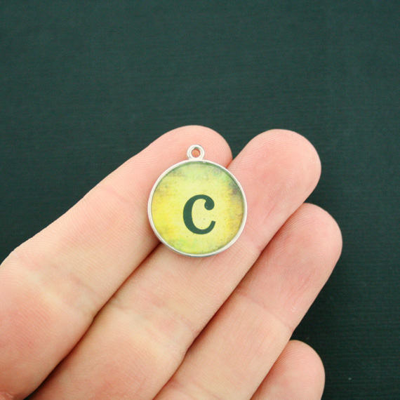 4 Lettre c Alphabet Antique Silver Tone Cabochon Charms - SC6870