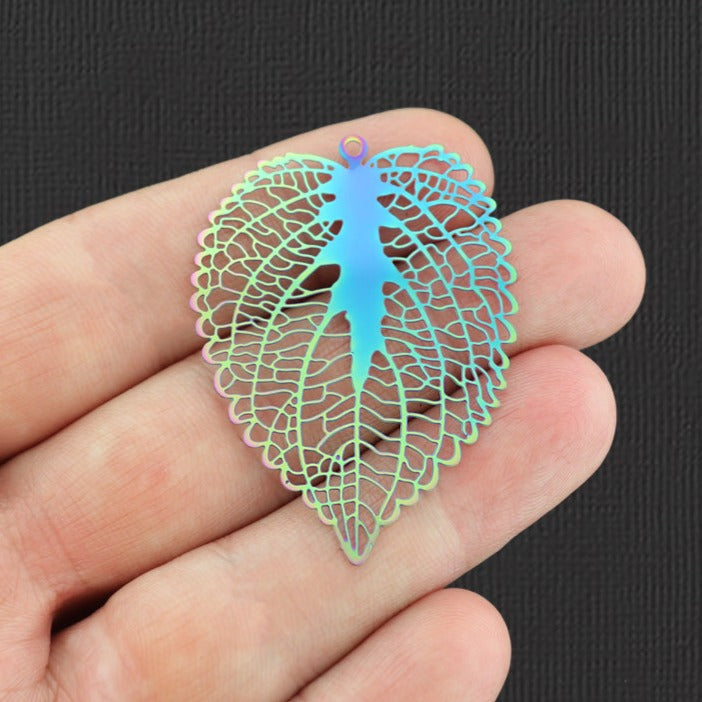 2 Filigree Leaf Rainbow Electroplated Stainless Steel Charms 2 Sided - SSP146