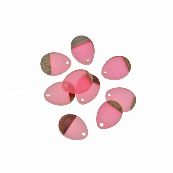 SALE 2 Teardrop Natural Wood and Hot Pink Resin Charms 17.5mm - WP096
