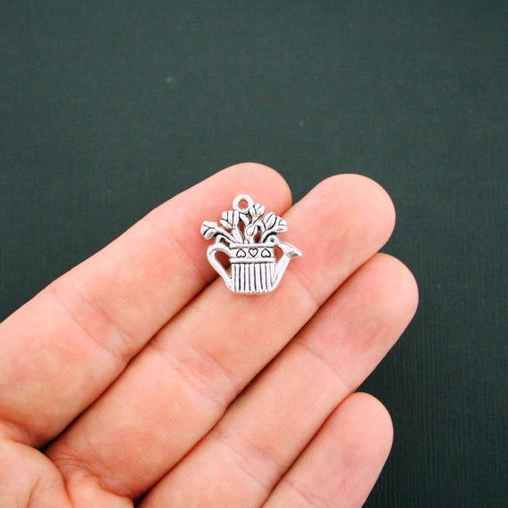 BULK 40 Watering Can Antique Silver Tone Charms 2 Sided - SC393