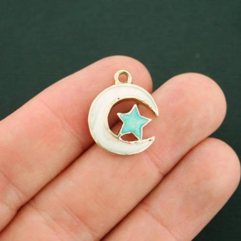 4 Moon and Star Gold Tone Enamel Charms - E419