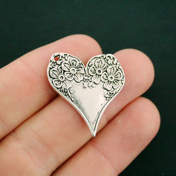 5 Floral Heart Antique Silver Tone Charms 2 Sided - SC6217