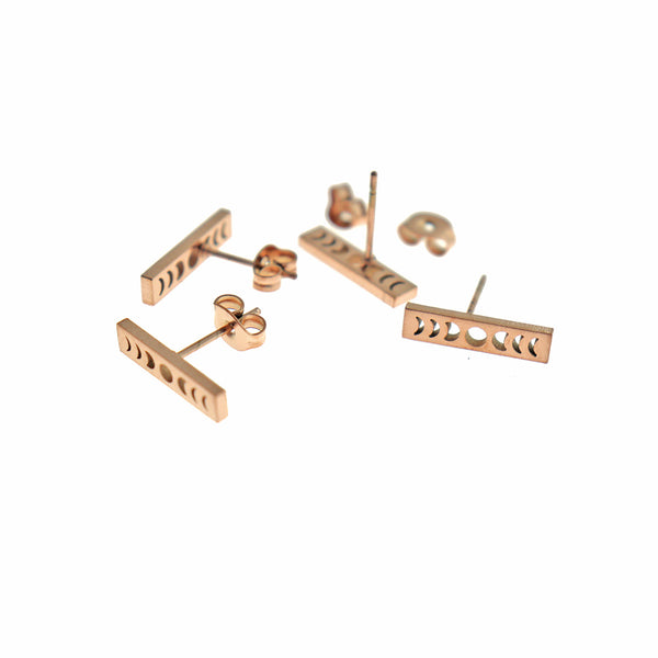Rectangle Rose Gold Tone Titanium Steel Earring Studs - Moon Phase - 15mm - 2 Pieces 1 Pair - ER787