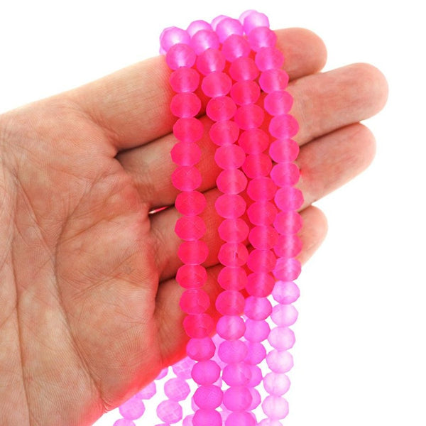 Perles de Verre à Facettes 8mm x 6mm - Rose Fluo Givré - 1 Rang 72 Perles - BD2412