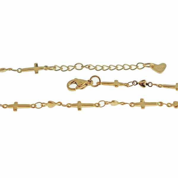 Gold Stainless Steel Cross Heart Chain Bracelets 11" Plus Extender - 3mm - 5 Bracelets - N807