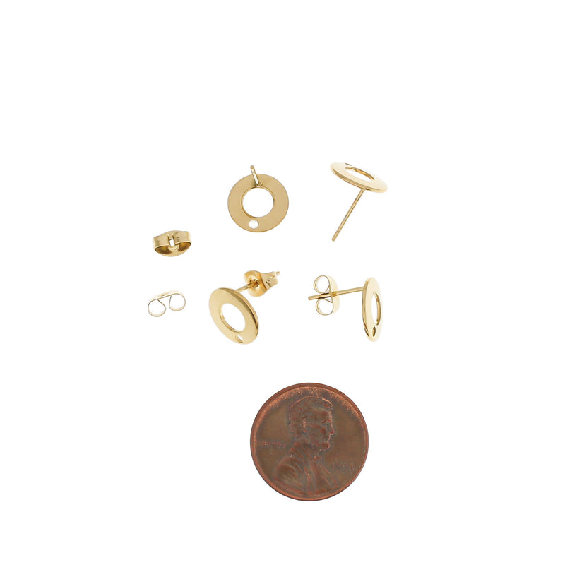 Gold Stainless Steel Earrings - Circle Studs With Loop - 10mm - 2 Pieces 1 Pair - ER323