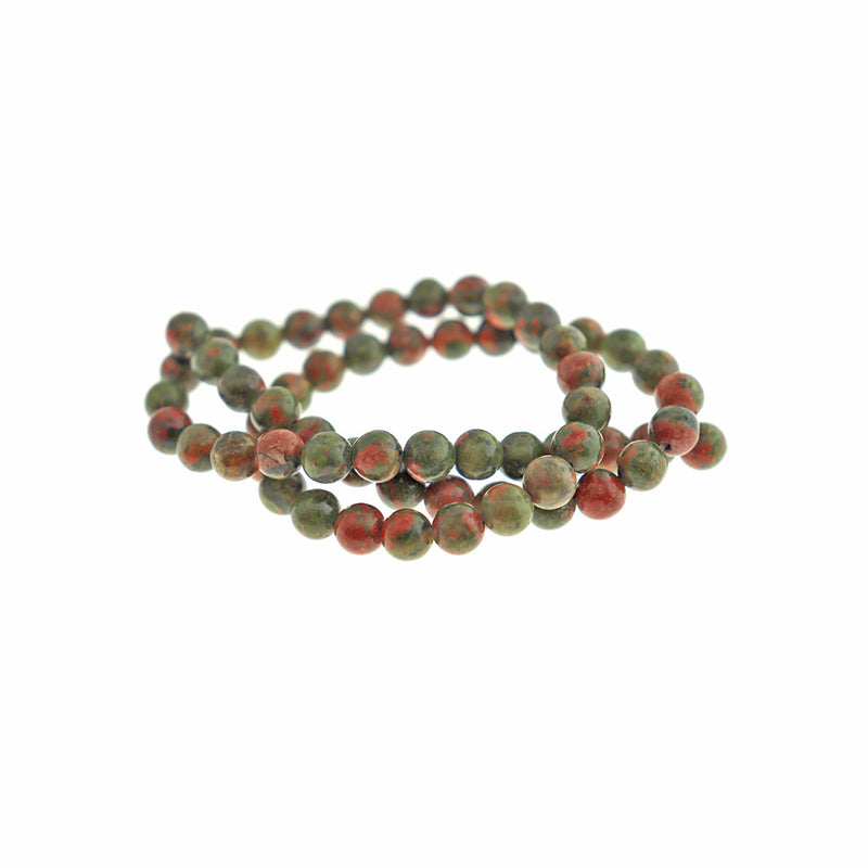 Round Natural Unakite Beads 6mm - Coral Pink and Olive Green - 1 Strand 61 Beads - BD1689