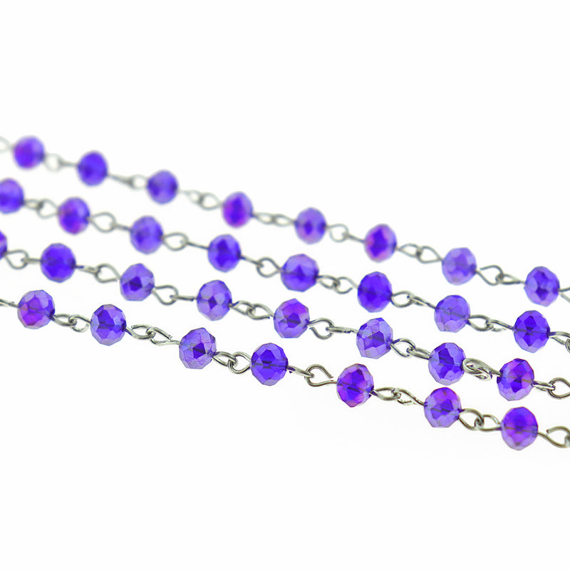 BULK Beaded Rosary Chain - 6mm Rondelle Electroplated Purple Glass & Silver Tone - 3.3ft or 1m - RC047